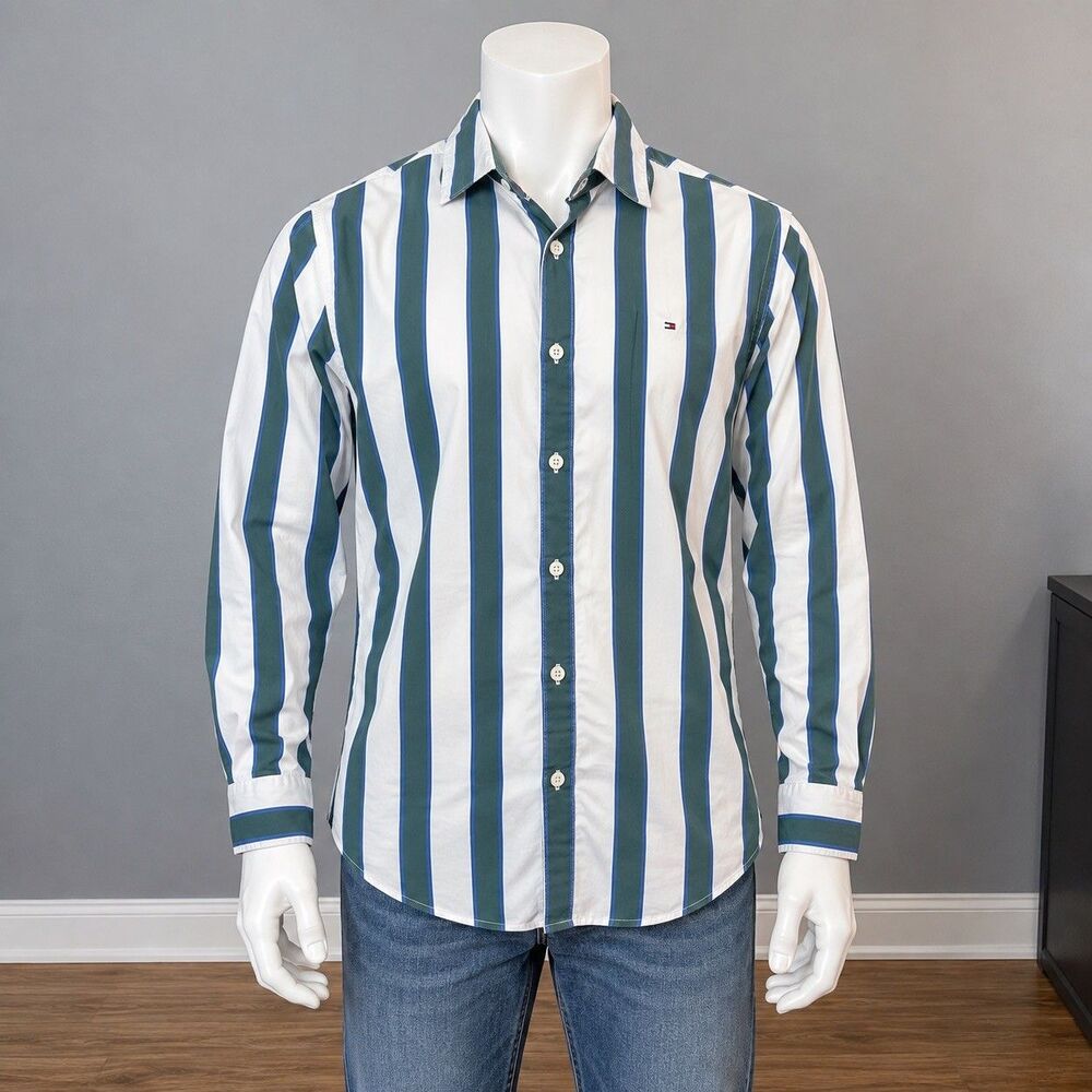 Tommy Hilfiger Striped Button Down Shirt Mens S Green Blue White Preppy